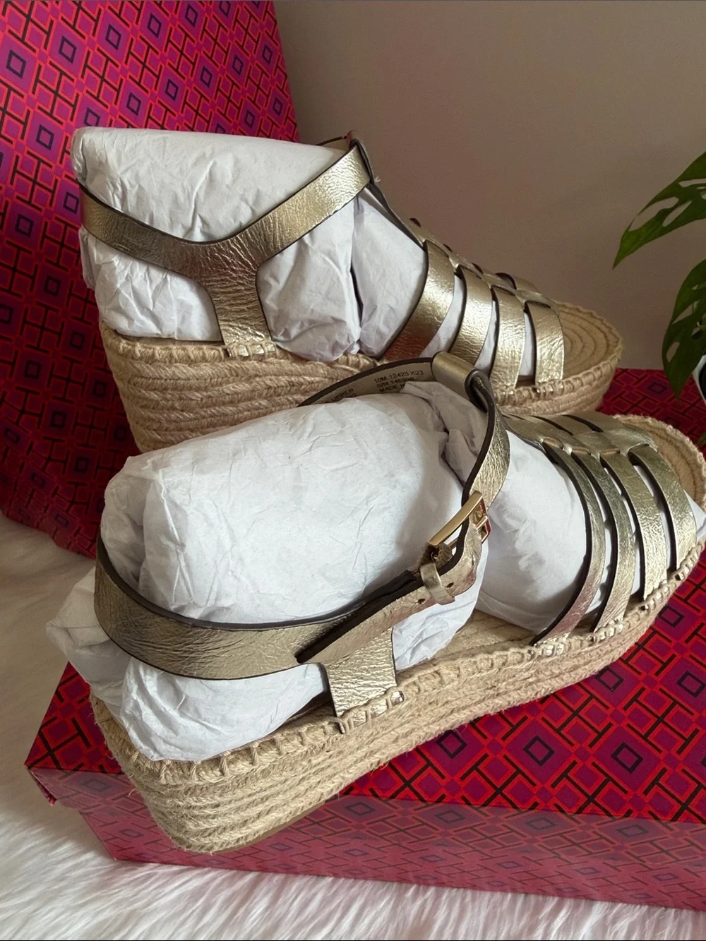 Tory Burch Metallic Gold Leather Espadrille Wedge Sandals